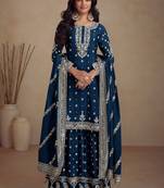 Teal blue embroidered chinnon free size stitched straight palazzo suit. ( size upto 42)