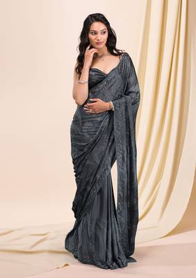 Soft Silk Grey Swarovski Floral work Saree for Women 1