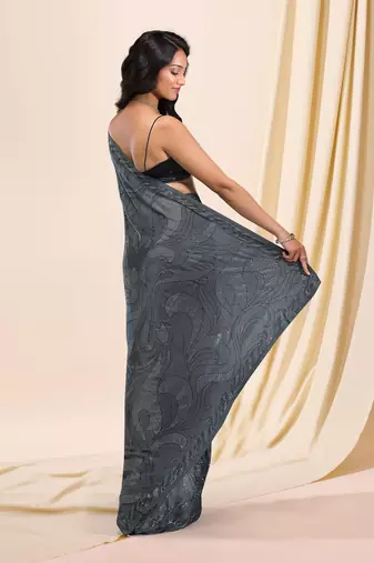 Soft Silk Grey Swarovski Floral work Saree for Women