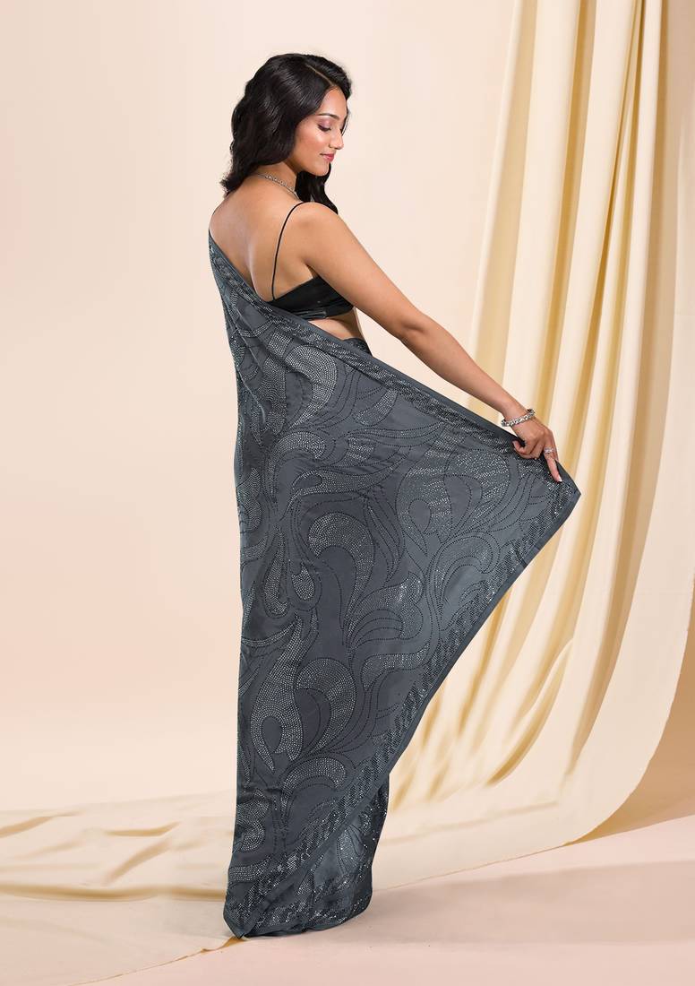 Soft Silk Grey Swarovski Floral work Saree for Women