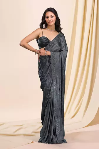 Soft Silk Grey Swarovski Floral work Saree for Women