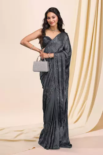 Soft Silk Grey Swarovski Floral work Saree for Women