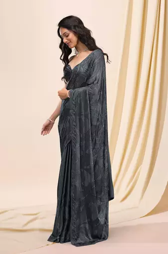 Soft Silk Grey Swarovski Floral work Saree for Women
