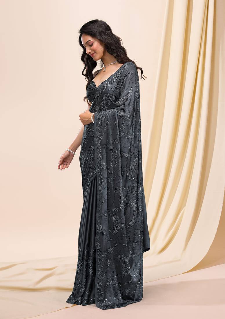 Soft Silk Grey Swarovski Floral work Saree for Women
