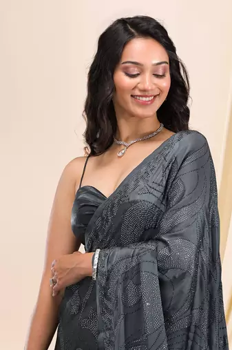 Soft Silk Grey Swarovski Floral work Saree for Women