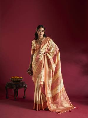 Elora pure soft banarasi weaving silk saree (cream & pink) 1