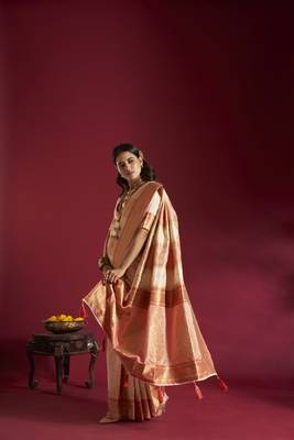 Elora pure soft banarasi weaving silk saree (cream & pink) 3