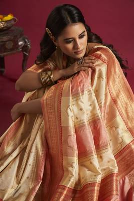 Elora pure soft banarasi weaving silk saree (cream & pink) 4