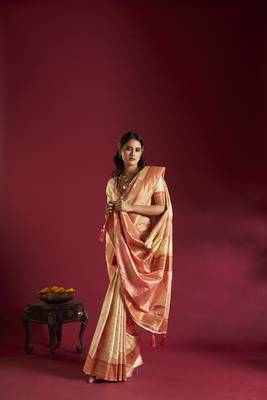 Elora pure soft banarasi weaving silk saree (cream & pink) 5