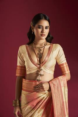 Elora pure soft banarasi weaving silk saree (cream & pink) 6