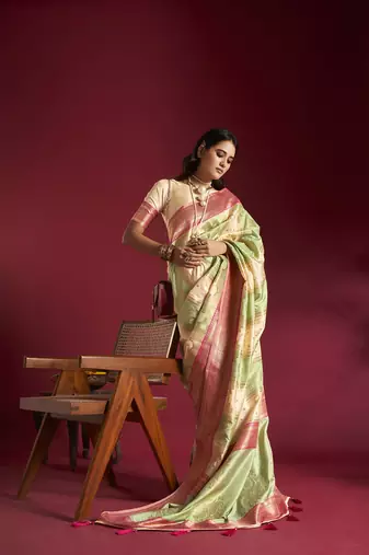 Elora pure soft banarasi weaving silk saree (cream & sea green)