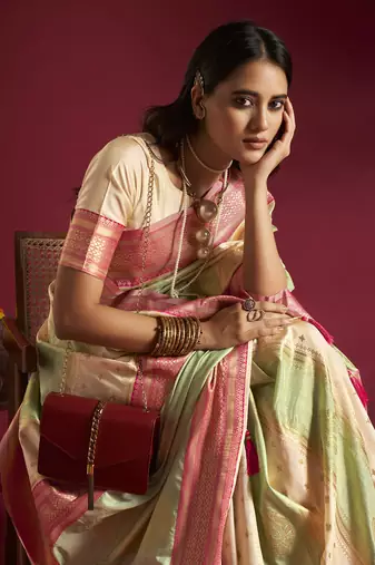 Elora pure soft banarasi weaving silk saree (cream & sea green)