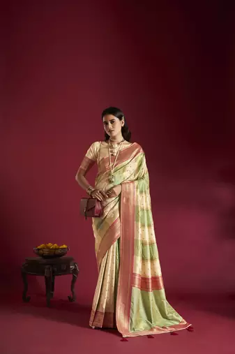 Elora pure soft banarasi weaving silk saree (cream & sea green)