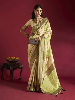 Elora pure soft banarasi weaving silk saree (cream & parrot green) 1