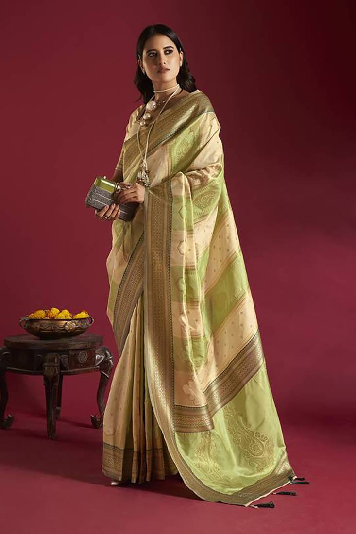 Elora pure soft banarasi weaving silk saree (cream & parrot green)