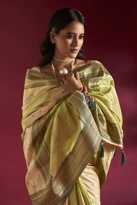 Elora pure soft banarasi weaving silk saree (cream & parrot green) 4