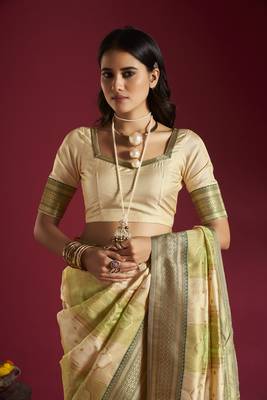 Elora pure soft banarasi weaving silk saree (cream & parrot green) 6