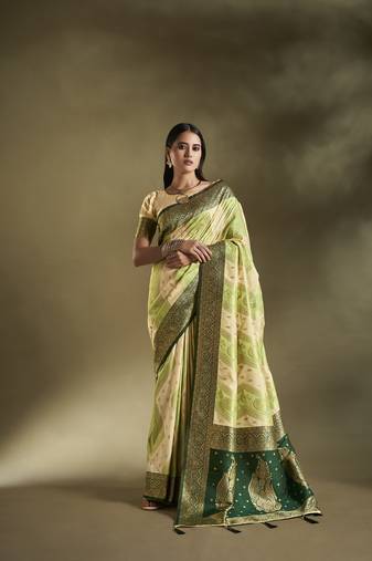 Elora pure soft silk woven designed banarasi saree (cream & light green)