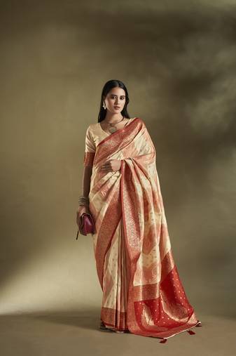 Elora pure soft silk woven designed banarasi saree (cream & pink)