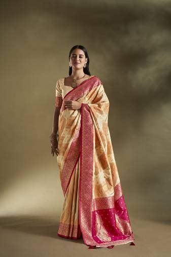Elora pure soft silk woven designed banarasi saree (cream & orange)