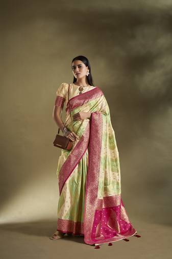 Elora pure soft silk woven designed banarasi saree (cream & sea green)