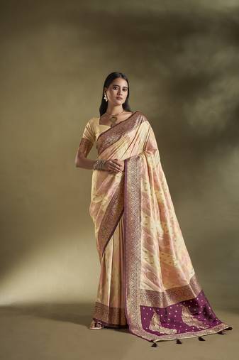 Elora pure soft silk woven designed banarasi saree (cream & light pink)