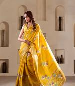 Yellow designer printed soft dola silk blend saree with blouse
