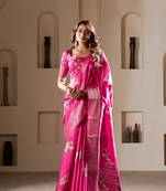 Pink designer printed soft dola silk blend saree with blouse