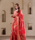 Red designer printed soft dola silk blend saree with blouse