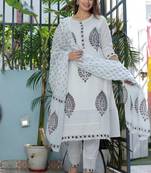 White Cotton Hand Block Printed Schiffli Fabric Salwar Kameez with Dupatta