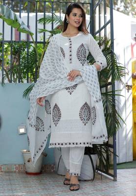 White Cotton Hand Block Printed Schiffli Fabric Salwar Kameez with Dupatta 2