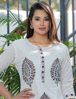 White Cotton Hand Block Printed Schiffli Fabric Salwar Kameez with Dupatta 3