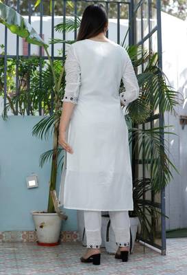 White Cotton Hand Block Printed Schiffli Fabric Salwar Kameez with Dupatta 4