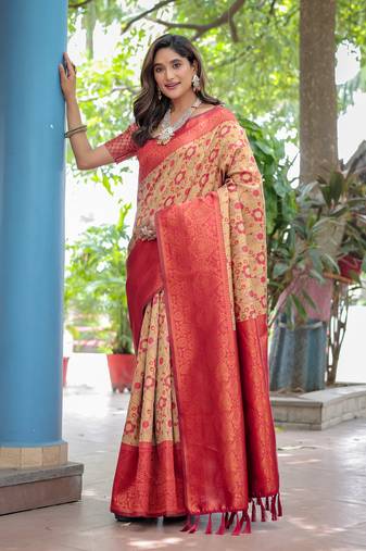 Faux banarasi silk fabric with designer tassels and heavy rich pallu