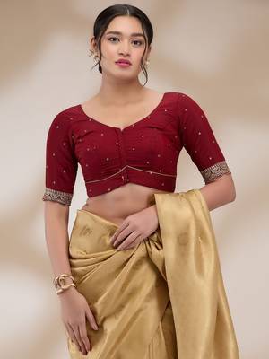 Maroon Blended Cotton Embroidered Readymade Blouse 1