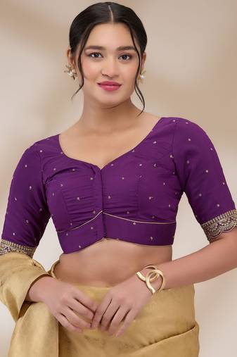 Purple Blended Cotton Embroidered Designer Blouse