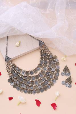 Oxidised Statement Necklace with Tri-Tone Coin Detailing 1
