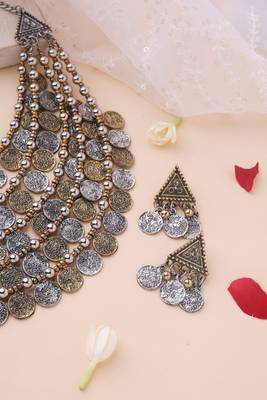 Oxidised Statement Necklace with Tri-Tone Coin Detailing 2