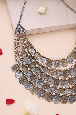 Oxidised Statement Necklace with Tri-Tone Coin Detailing 3