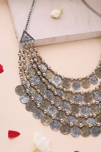 Oxidised Statement Necklace with Tri-Tone Coin Detailing
