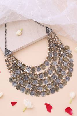 Oxidised Statement Necklace with Tri-Tone Coin Detailing 4