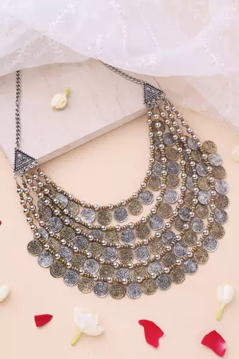 Oxidised Statement Necklace with Tri-Tone Coin Detailing