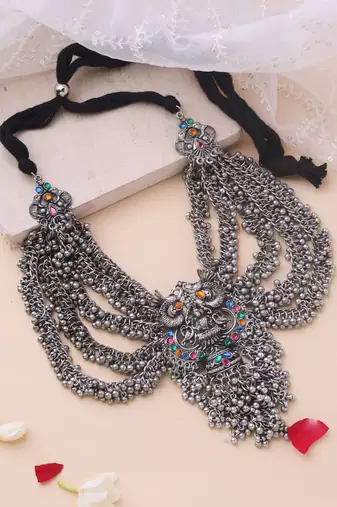 Oxidised Layered Ghungroo Necklace with Devi Pendant