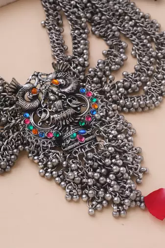 Oxidised Layered Ghungroo Necklace with Devi Pendant