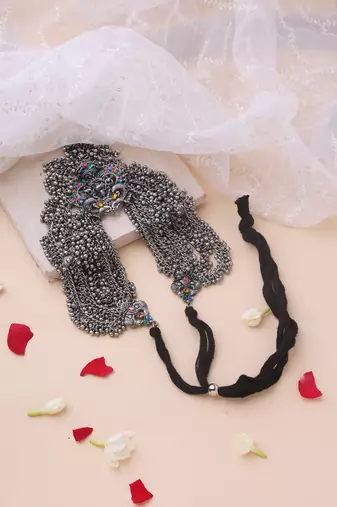 Oxidised Layered Ghungroo Necklace with Devi Pendant