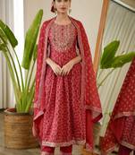 Red Embroidered Printed Indian Pakistani Naira Cut Salwar Kameez Kurti Pant Dupatta Set Kurta Set Online for Women