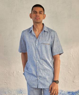 Deep blue textured cotton signature half sleeves shirt 1