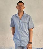 Deep blue textured cotton signature half sleeves shirt
