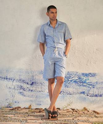 Deep blue textured cotton signature half sleeves shirt 2