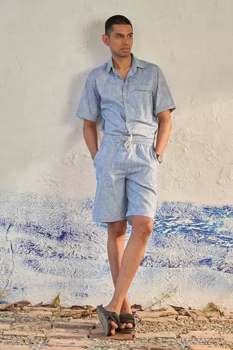 Deep blue textured cotton signature half sleeves shirt